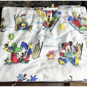 Vtg Disney Mickey & Friends Winter Flannel Blanket 45x78 Sledding Scene Handmade